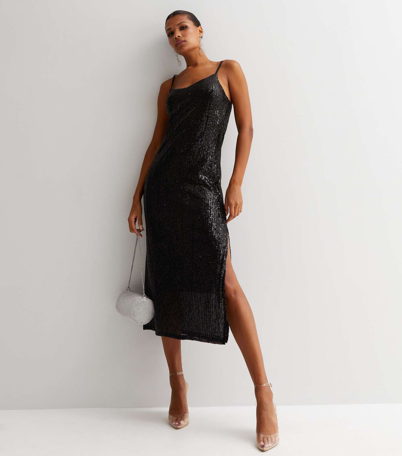Black Sequin Scoop Neck Strappy Midi Slip Dress Image 3