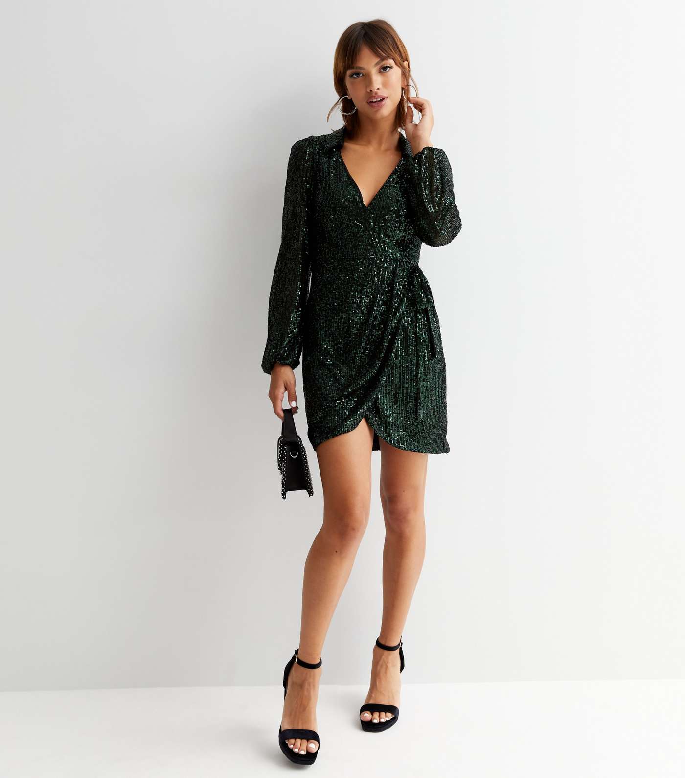 Dark Green Sequin Collared Long Sleeve Mini Wrap Dress