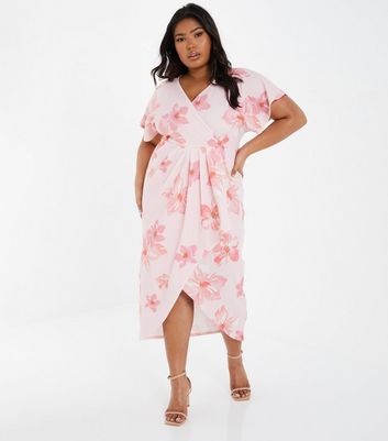 QUIZ Curves Pink Floral Midi Wrap Dress | New Look