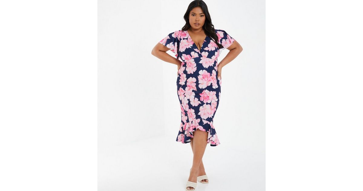QUIZ Curves Navy Floral Frill Midi Wrap Dress New Look