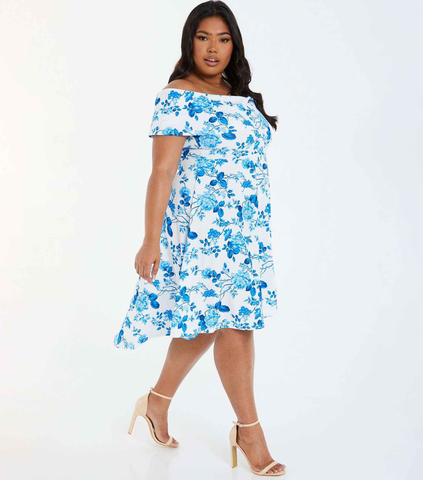 QUIZ Curves Blue Floral Bardot Dip Hem Midi Dress Image 2