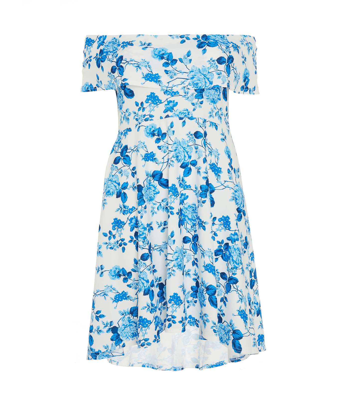 QUIZ Curves Blue Floral Bardot Dip Hem Midi Dress Image 4