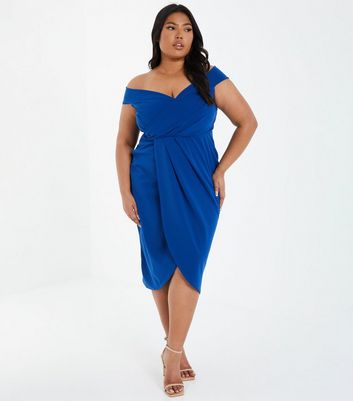 Damen Bekleidung QUIZ Curves Bright Blue Pleated Bardot Midi Wrap Dress