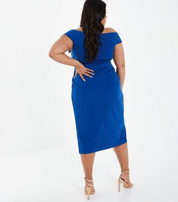 Damen Bekleidung QUIZ Curves Bright Blue Pleated Bardot Midi Wrap Dress