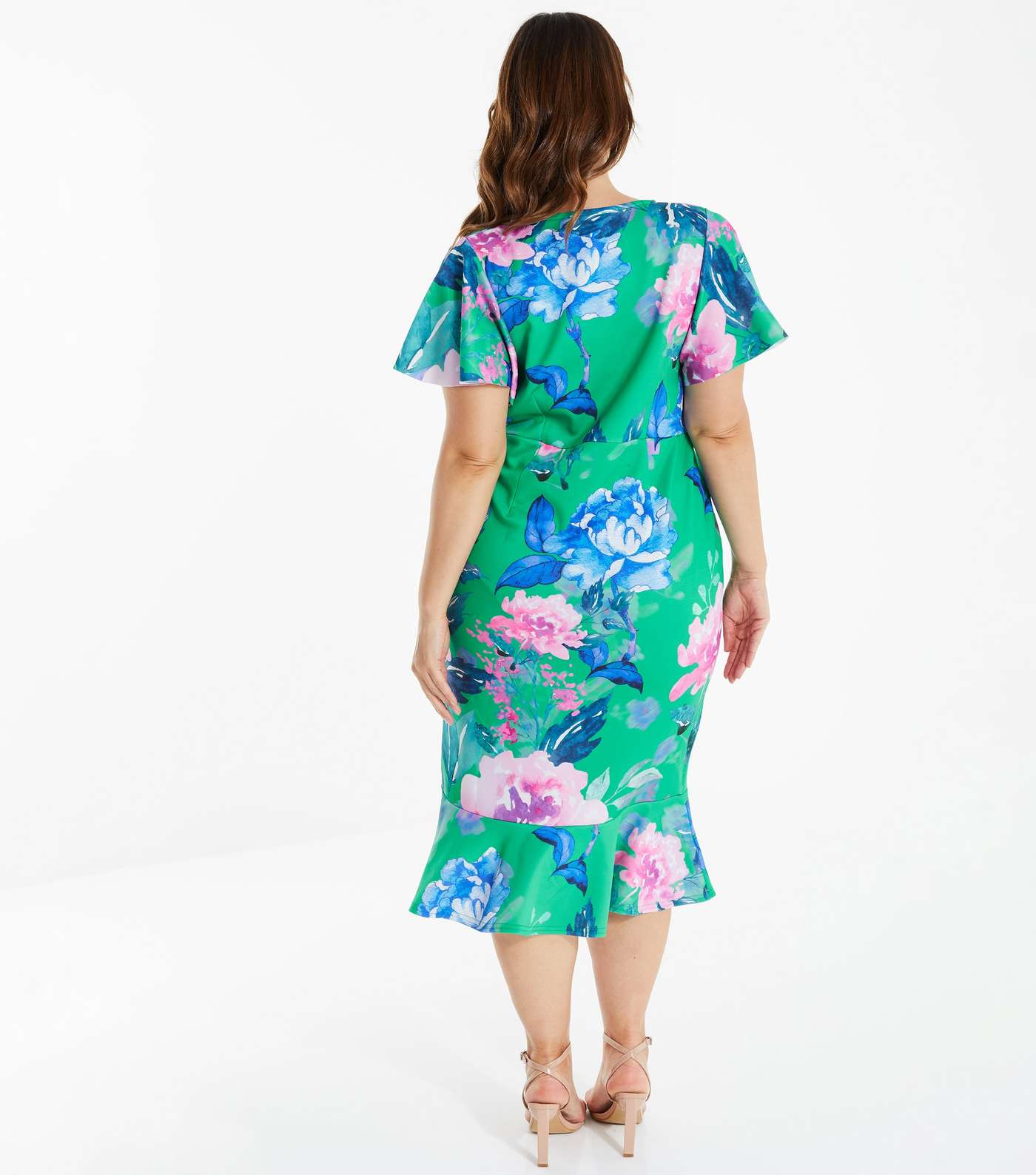 QUIZ Curves Green Floral Short Flutter Sleeve Frill Hem Midi Dress Image 3