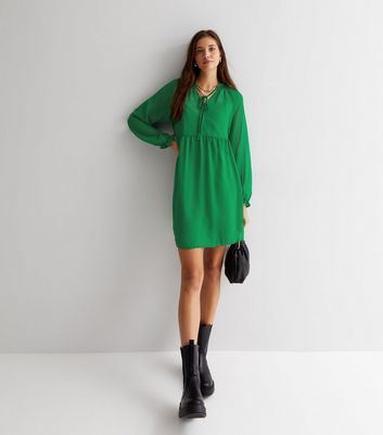 Green Chiffon Tie Neck Long Sleeve Mini Dress