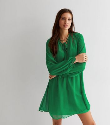 Green Chiffon Tie Neck Long Sleeve Mini 