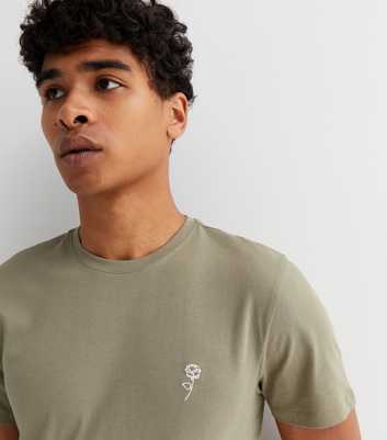 Olive Jersey Rose Embroidered Crew Neck T-Shirt