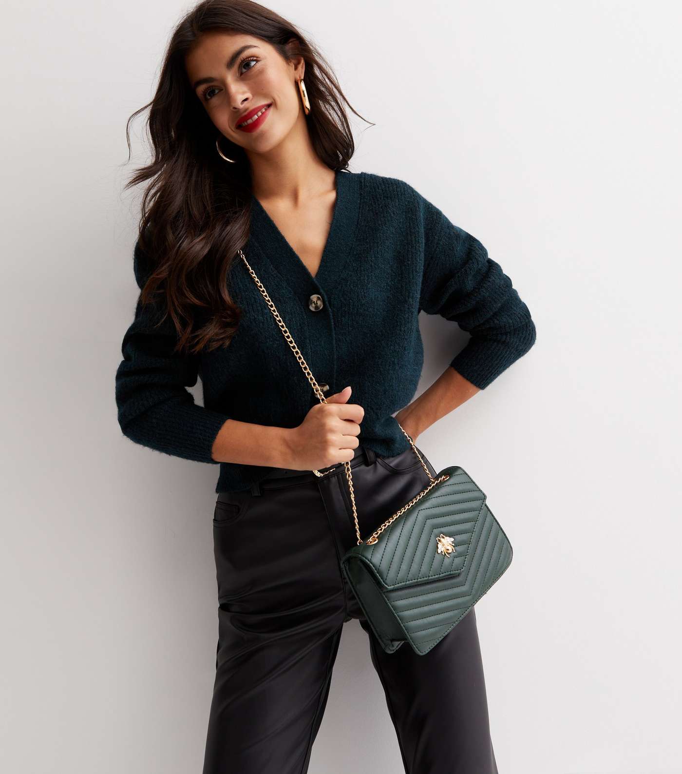 Dark Green Bee Quilted Leather-Look Cross Body Bag Image 2