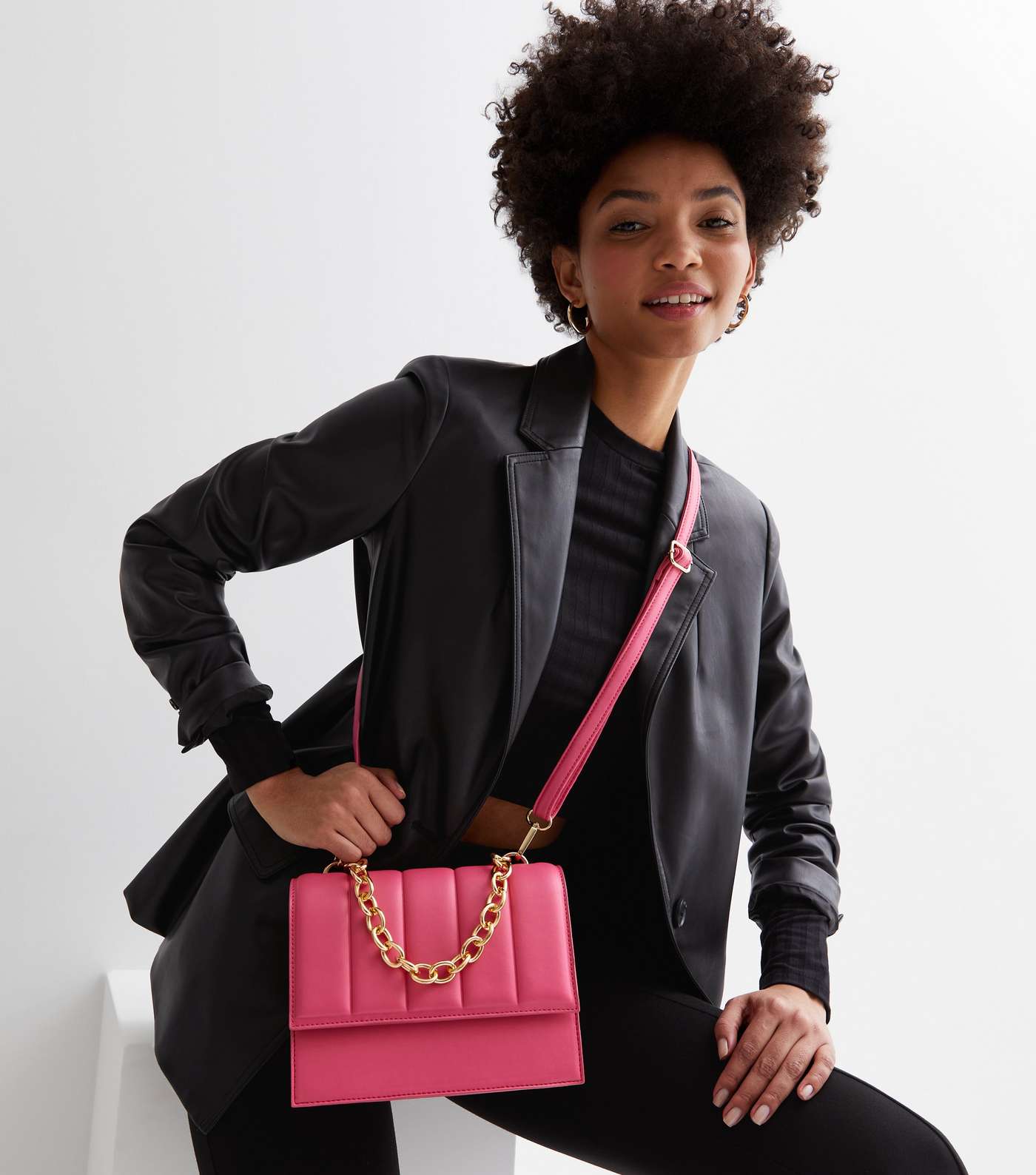Bright Pink Quilted Chain Shoulder Bag Image 2