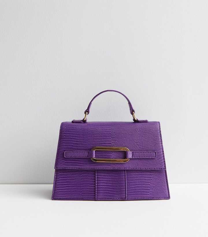 Purple Faux Croc Metal Front Cross Body Bag