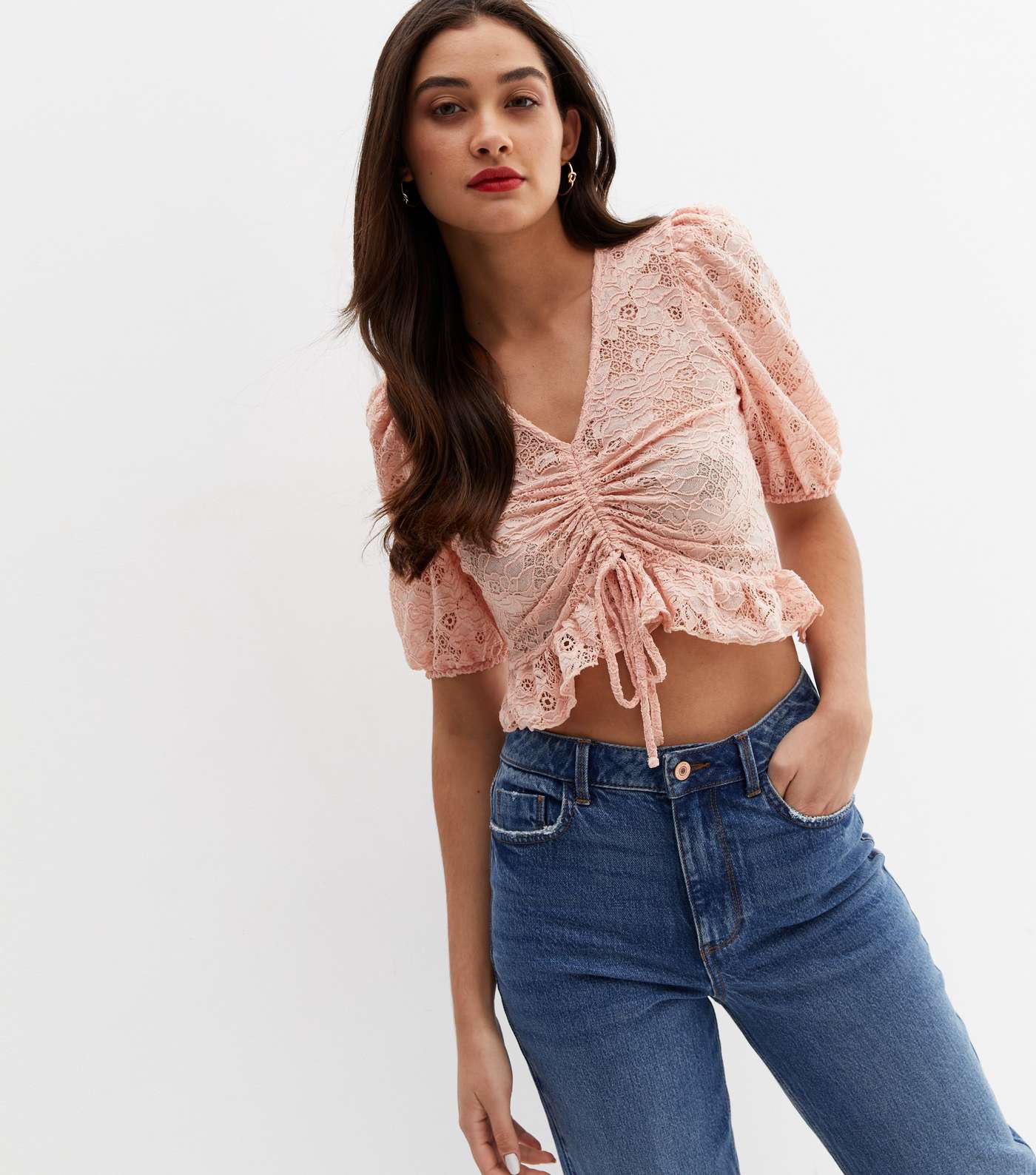Pale Pink Lace Ruched Tie Front Crop Top Image 3