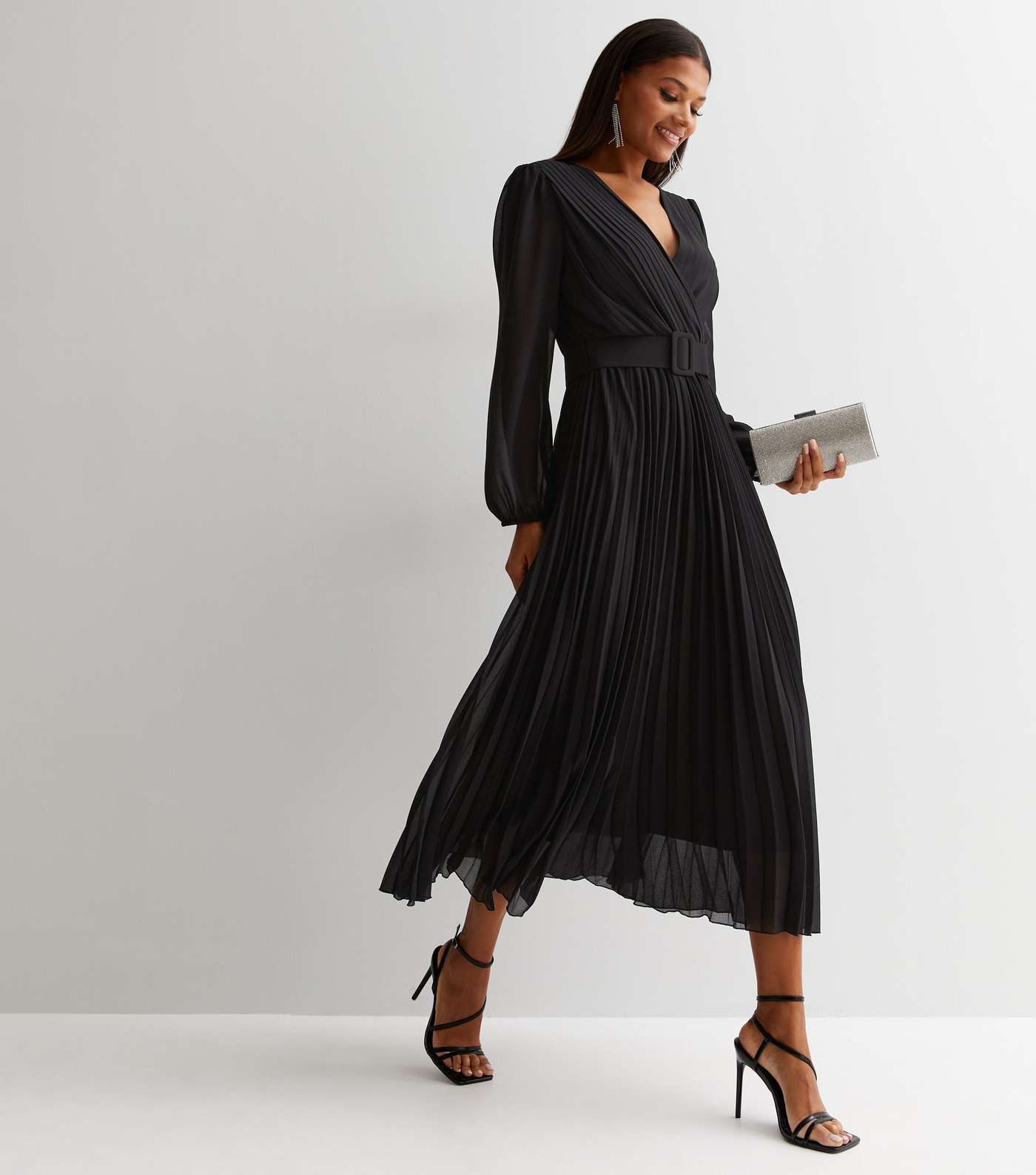 Black Chiffon Pleated Belted Midi Wrap Dress | New Look