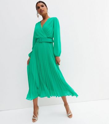 Green Chiffon Pleated Belted Midi Wrap Dress | New Look