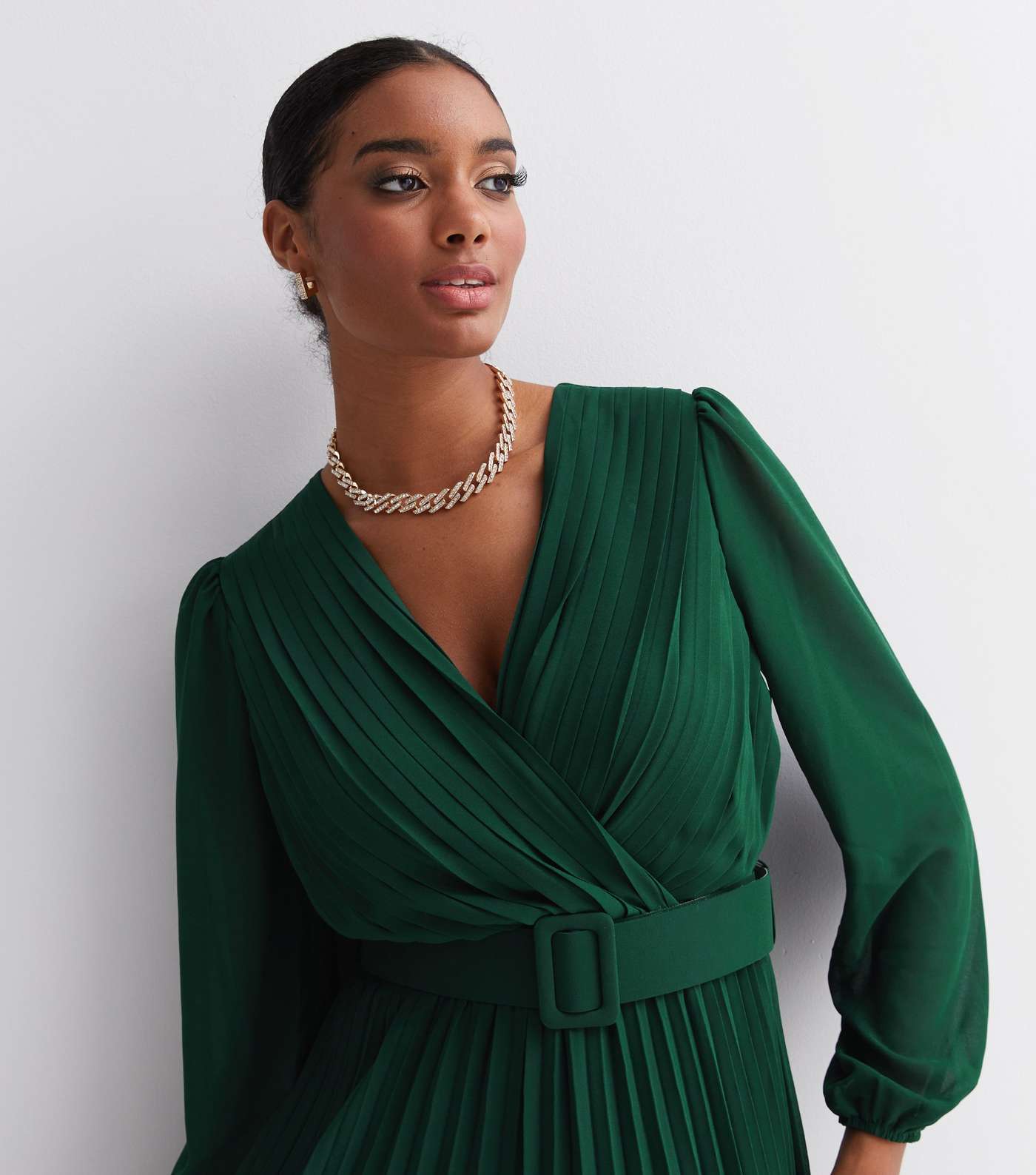 Dark Green V Neck Belted Chiffon Midi Dress Image 3