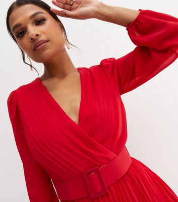 Red chiffon sale dress with sleeves