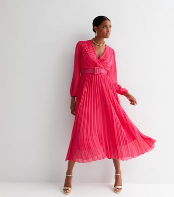 Bright Pink Chiffon Pleated Belted Midi Wrap Dress | New Look