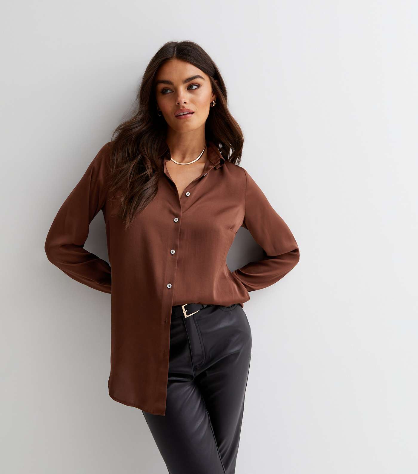 Dark Brown Button Front Long Sleeve Oversized Satin Shirt
