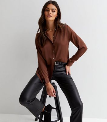 Dark Brown Button Front Long Sleeve Oversized Satin Shirt | New Look