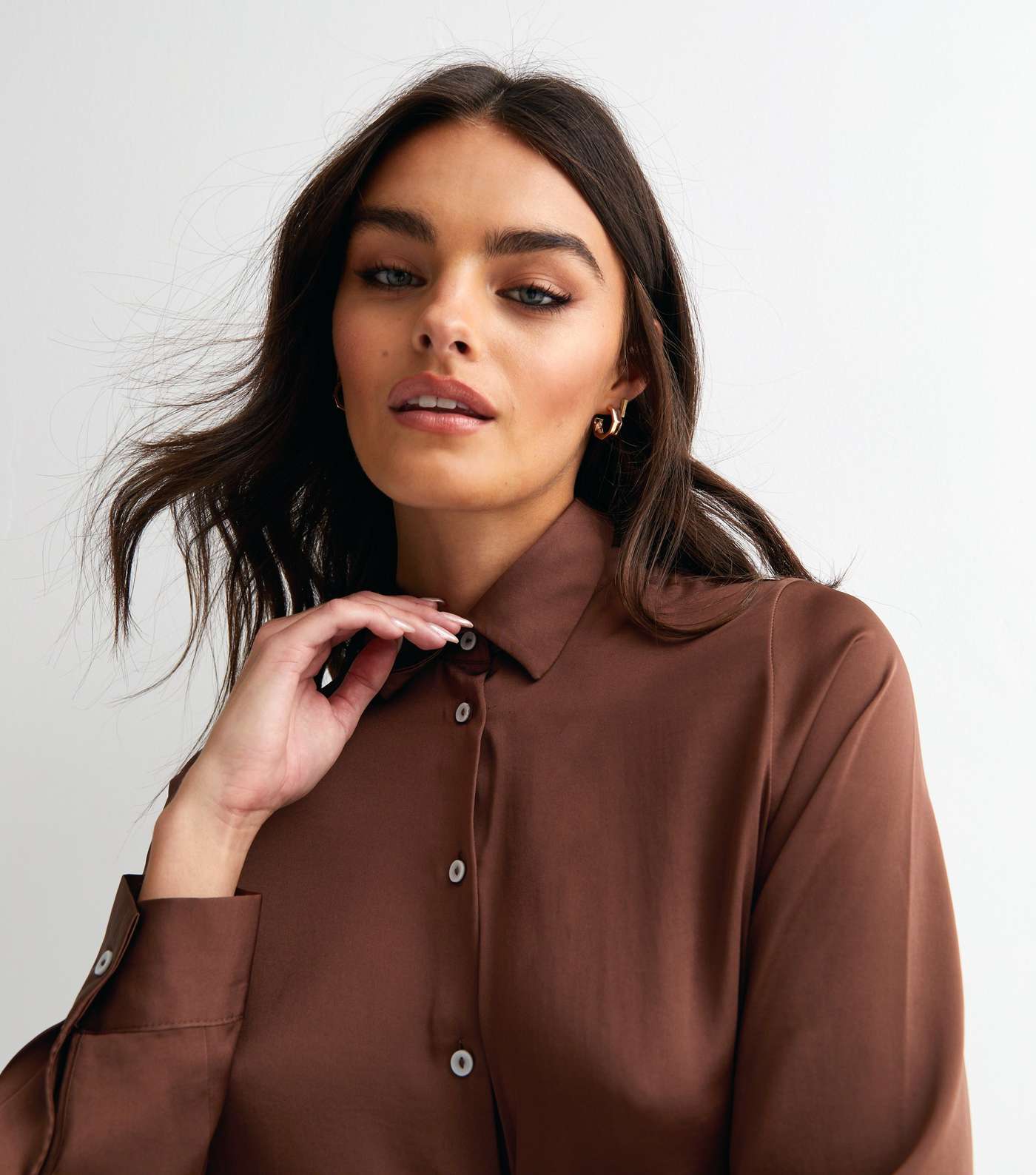 Dark Brown Button Front Long Sleeve Oversized Satin Shirt Image 3