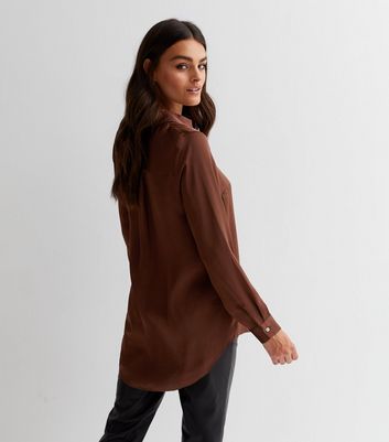 Dark Brown Button Front Long Sleeve Oversized Satin Shirt | New Look