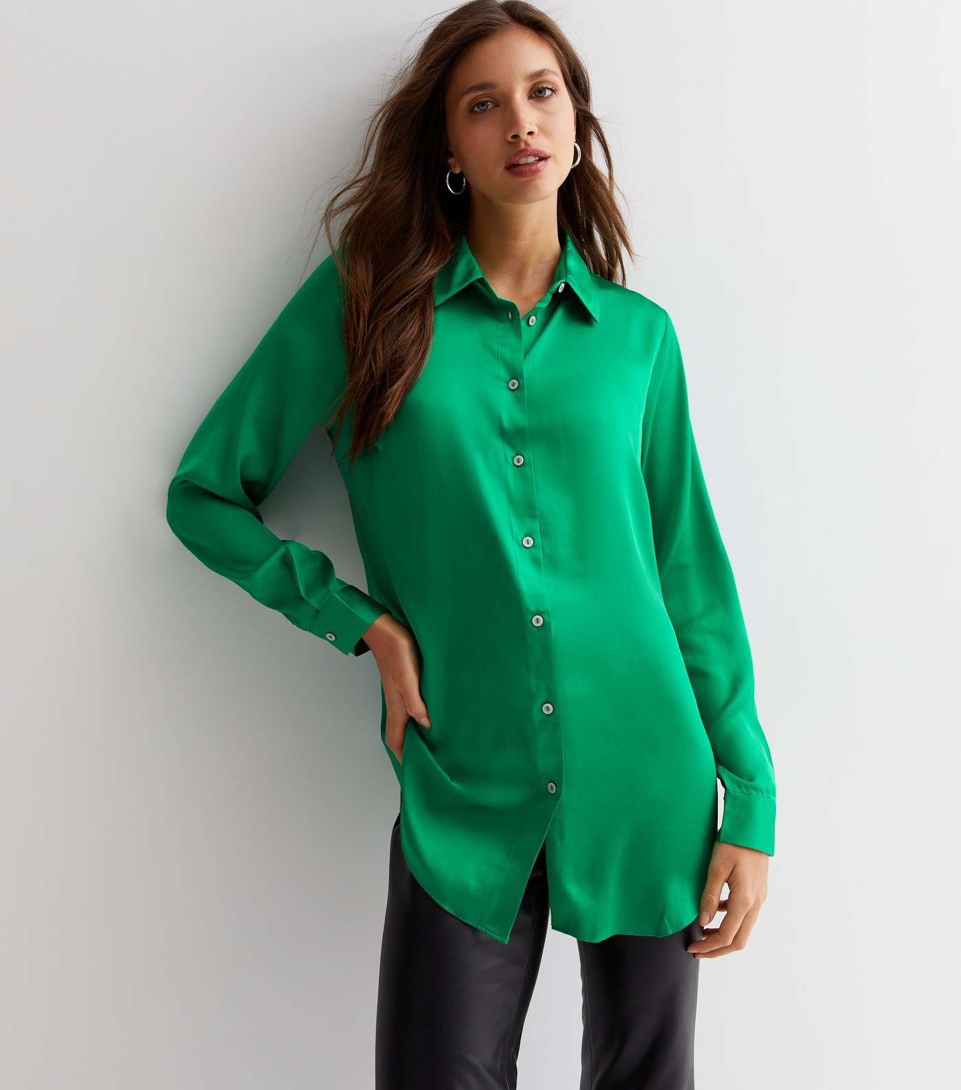 Green Satin Long Sleeve Oversized Shirt Image 2