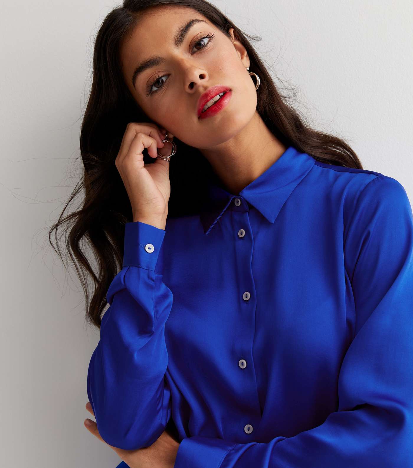 Blue Satin Long Sleeve Oversized Shirt
