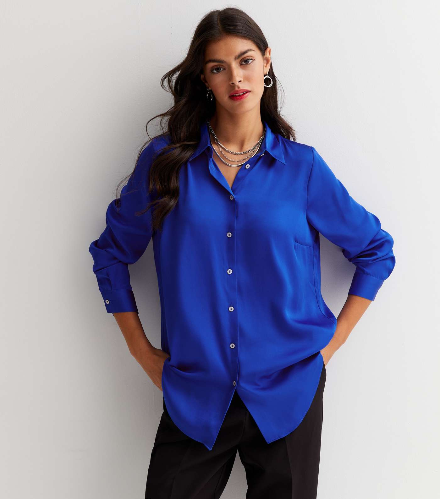 Blue Satin Long Sleeve Oversized Shirt Image 3
