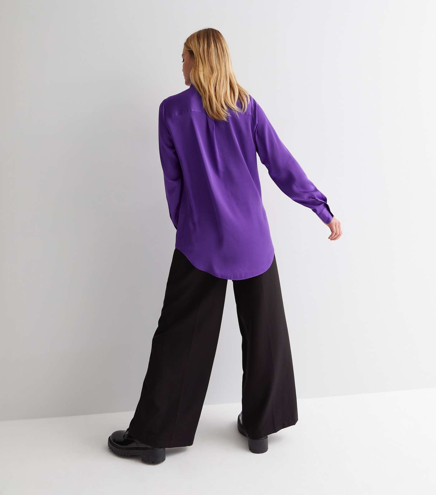 Purple Satin Long Sleeve Oversized Shirt Image 4