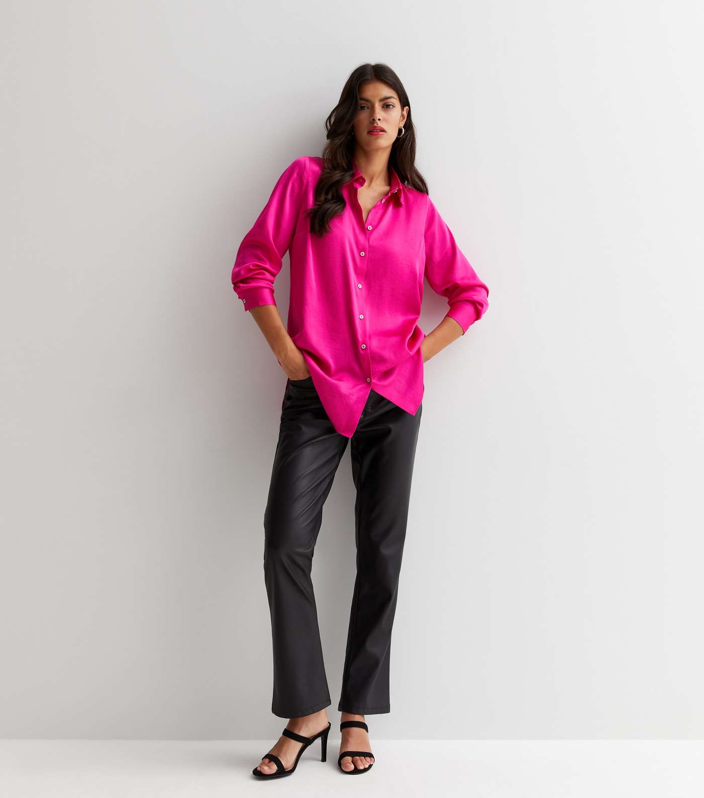 Bright Pink Satin Long Sleeve Oversized Shirt Image 2