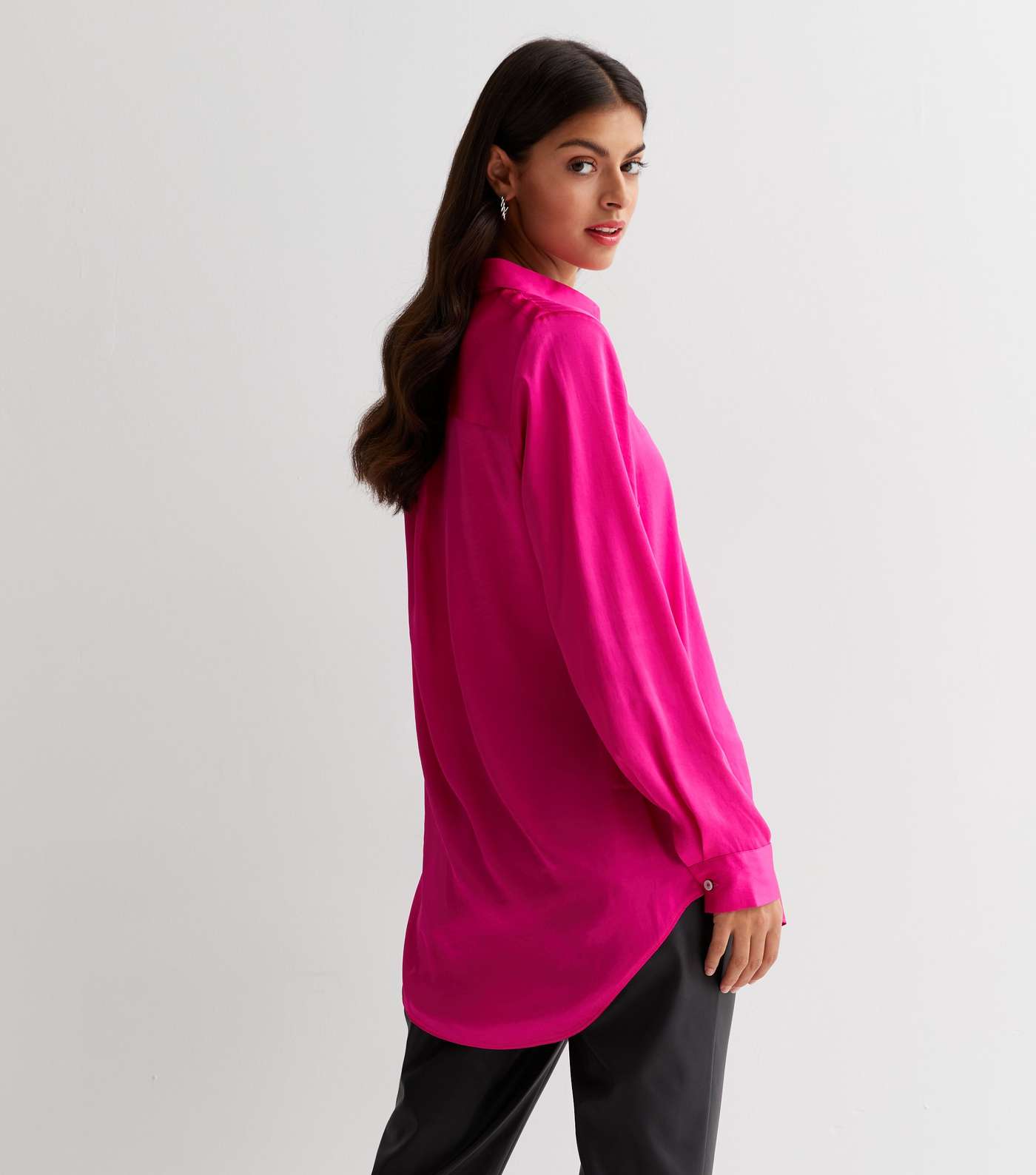 Bright Pink Satin Long Sleeve Oversized Shirt Image 4
