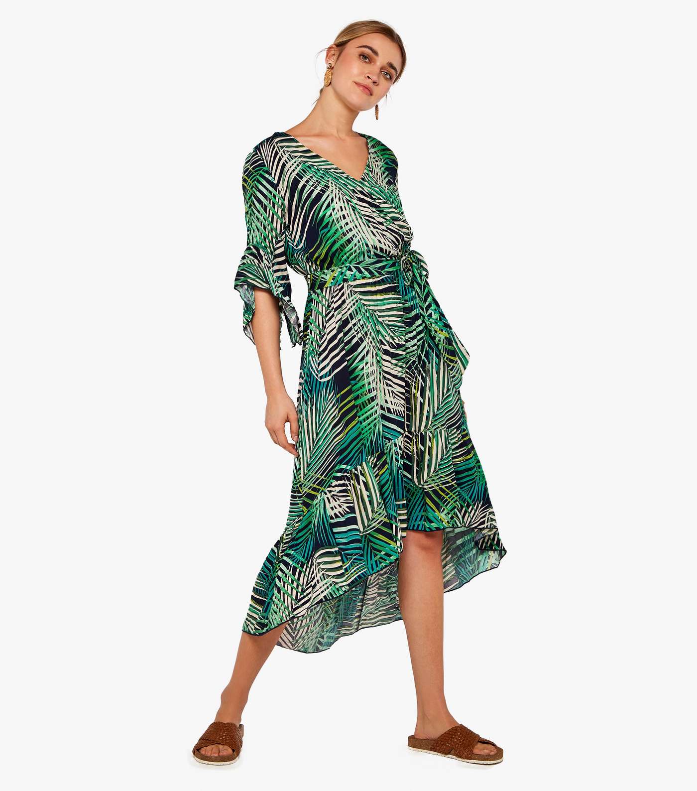 Apricot Green Tropical Midi Wrap Dress