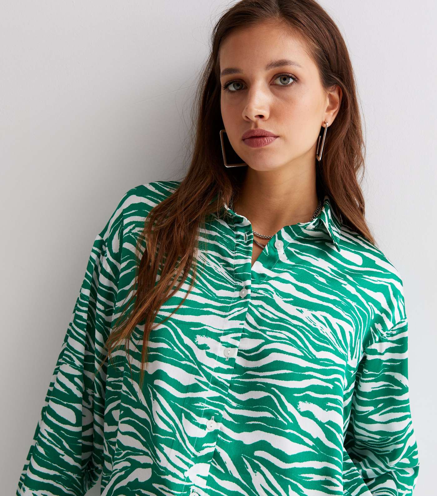 Green Zebra Print Satin Oversized Shirt Image 2