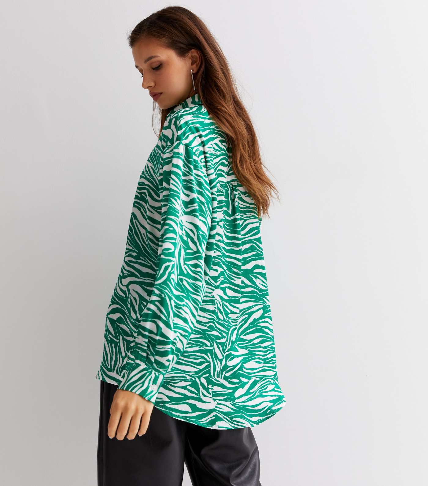 Green Zebra Print Satin Oversized Shirt Image 4
