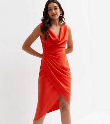 Red Scuba Cowl Neck Sleeveless Midi Bodycon Dress