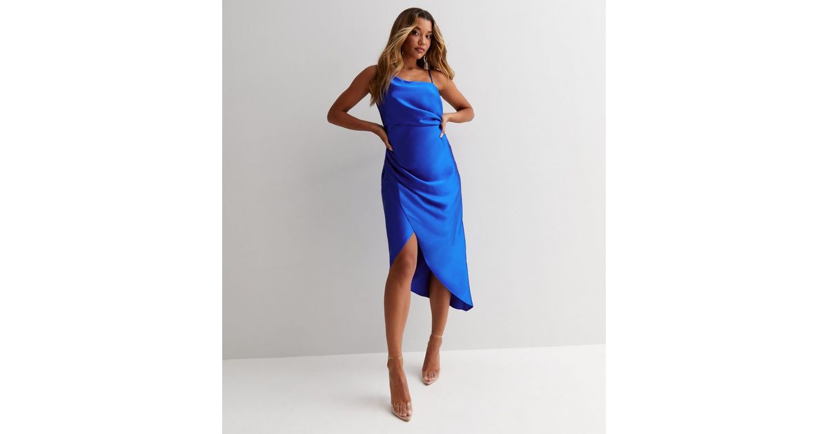 Blue Satin Asymmetric Strappy Midi Dress | New Look