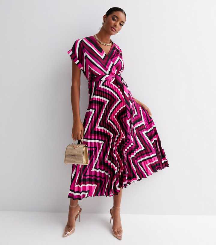 Pink Chevron Satin Pleated Midi Wrap Dress | New Look