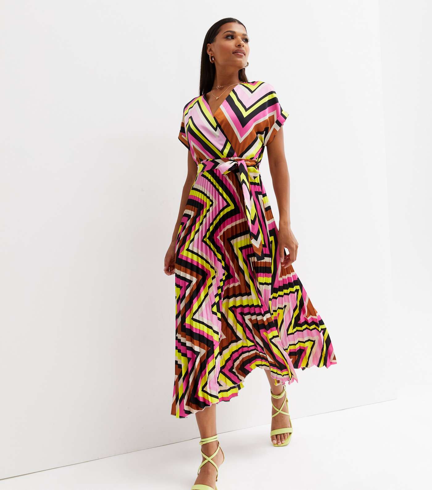Multicoloured Chevron Chiffon Pleated Midi Wrap Dress Image 2