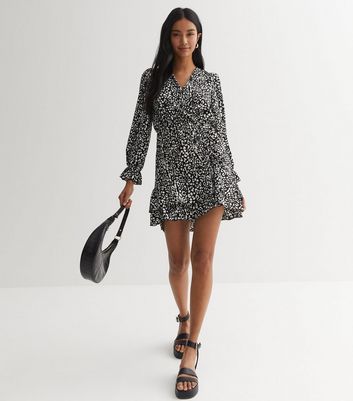 Black Leopard Print Satin Ruched Mini Wrap Dress New Look