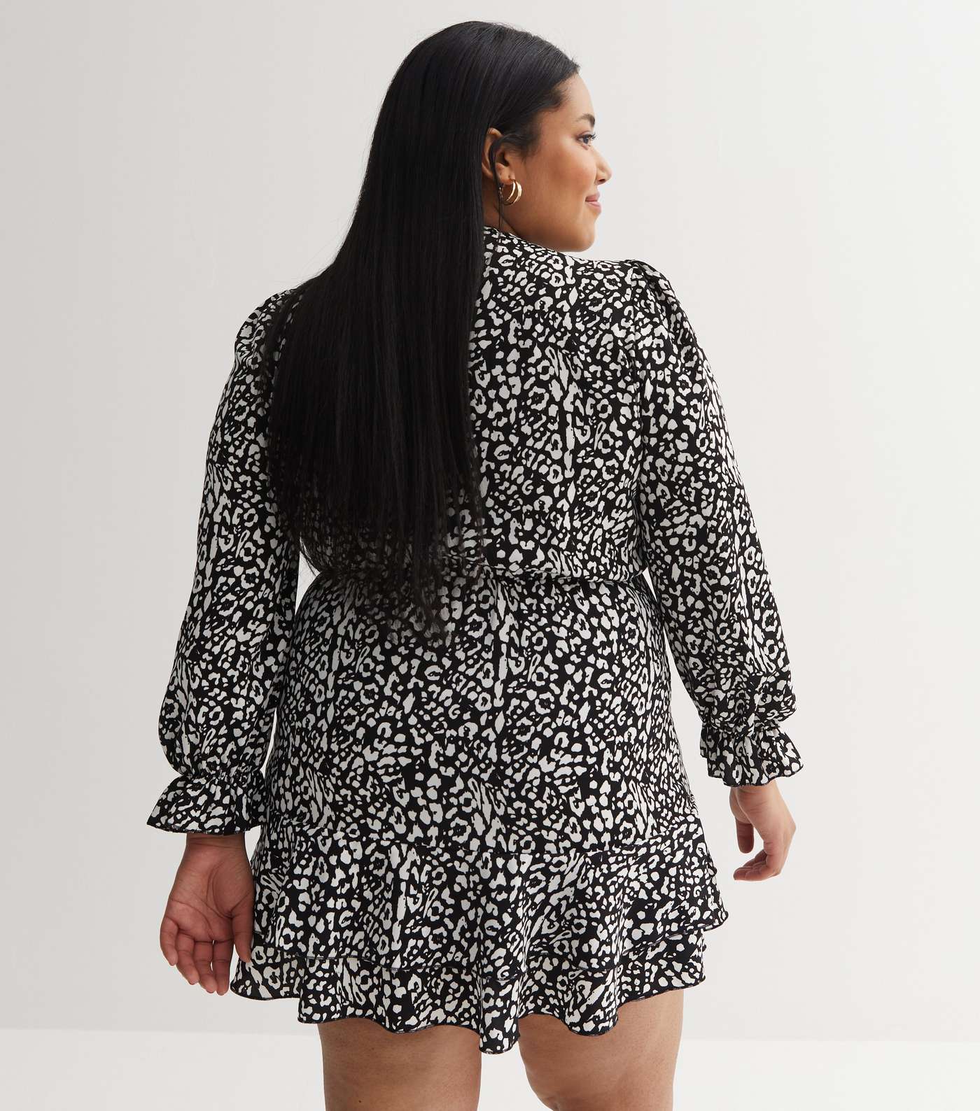 Black Leopard Print Satin Ruched Mini Wrap Dress Image 6