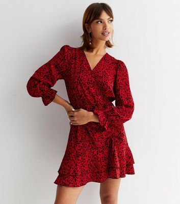 Red Leopard Print Ruched Side Mini Wrap Dress