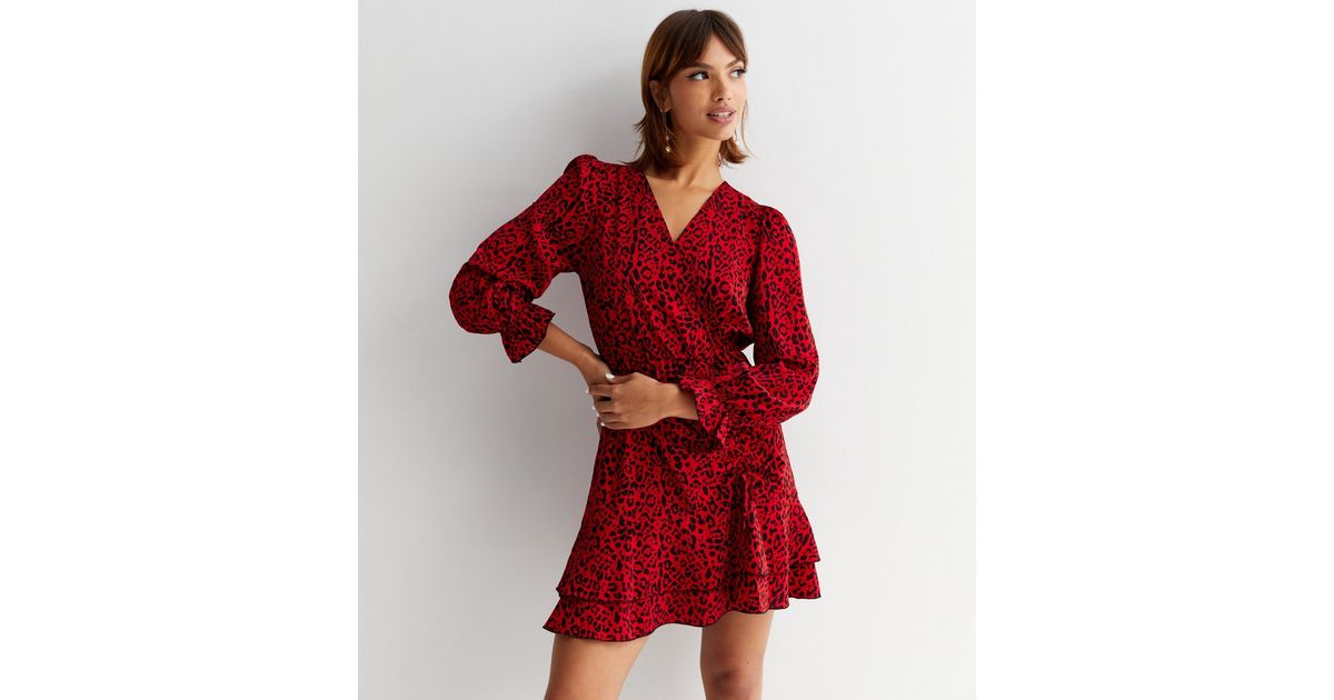 Red Leopard Print Ruched Mini Wrap Dress New Look