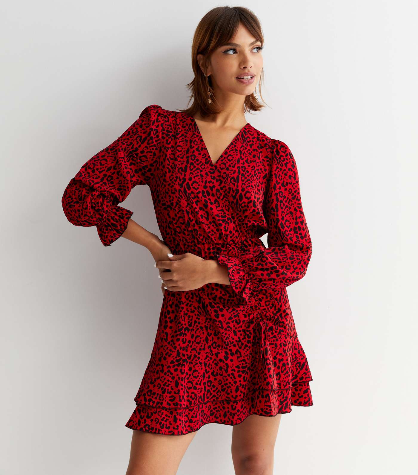Red Leopard Print Ruched Mini Wrap Dress