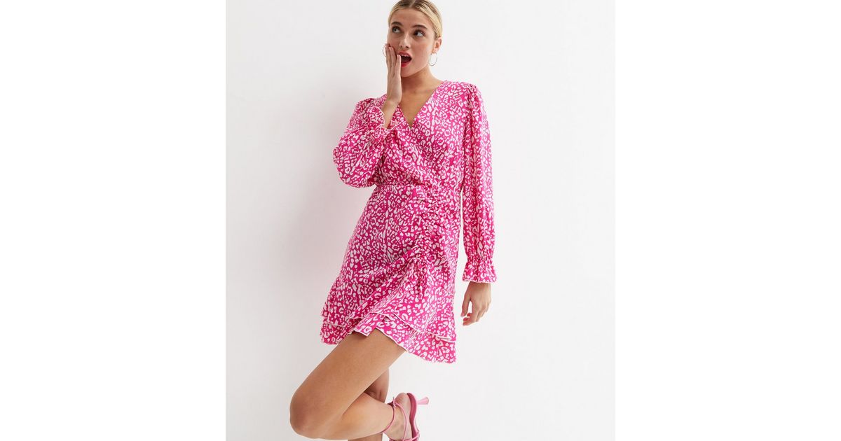 Pink Leopard Robe Pink Leopard Print Satin Ruched Mini Wrap Dress | New Look