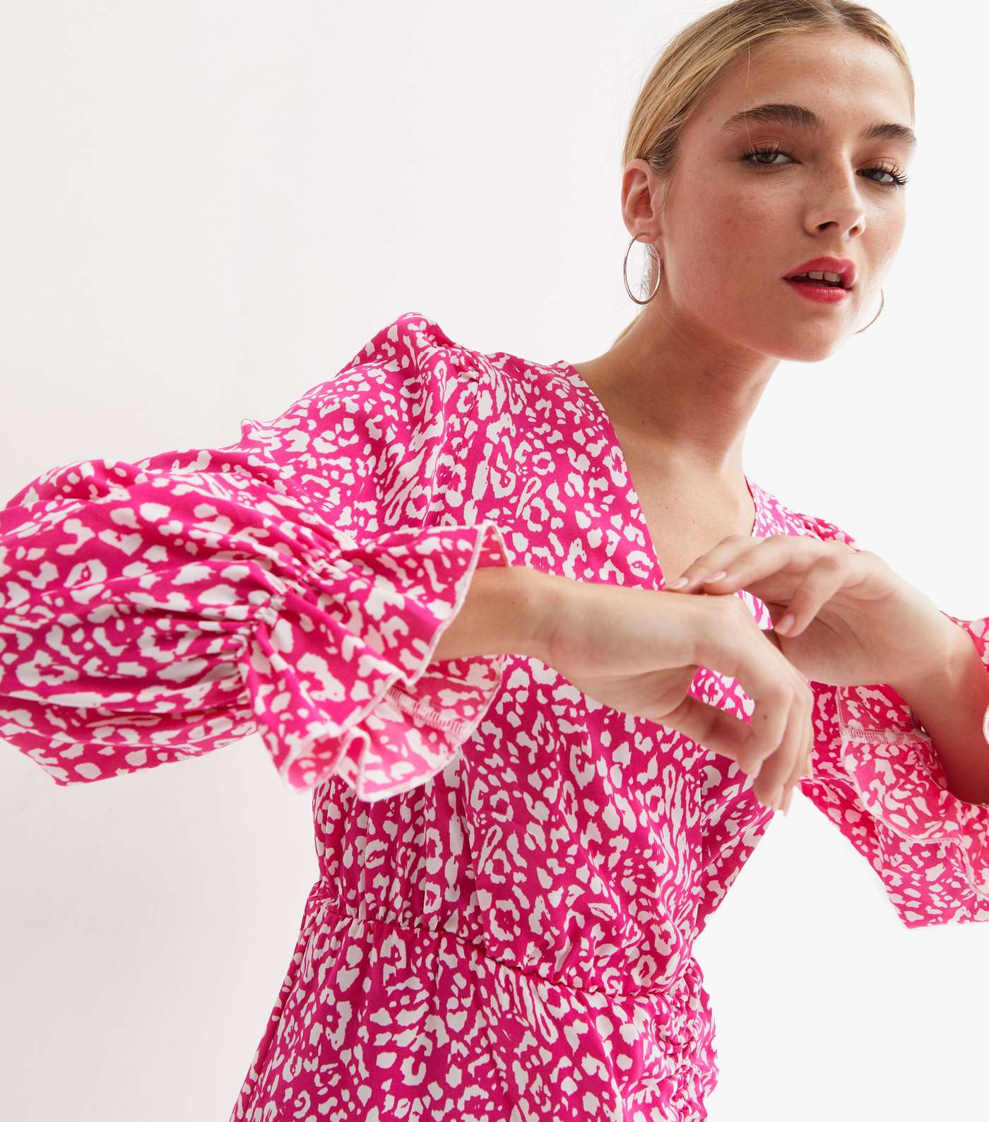 Pink Leopard Print Satin Ruched Mini Wrap Dress Image 2