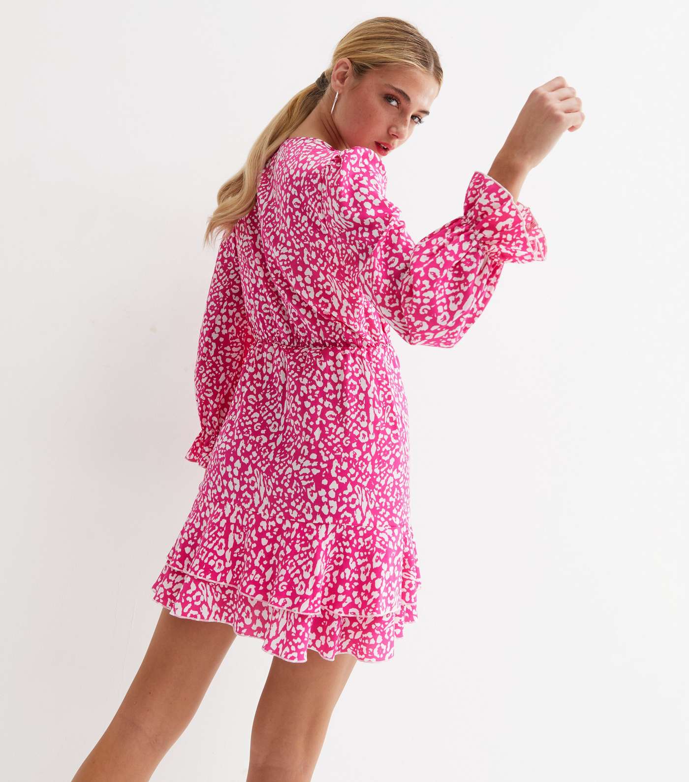 Pink Leopard Print Satin Ruched Mini Wrap Dress Image 4