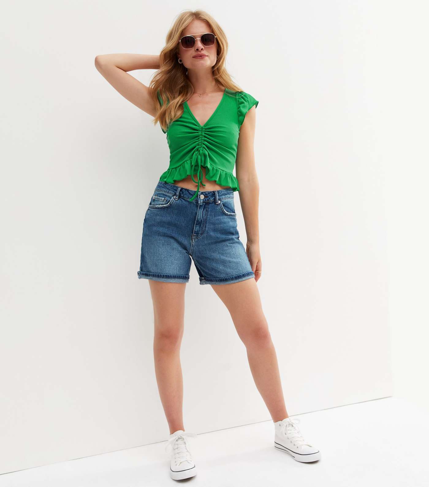 Green Ribbed Ruched Frill Tie Front Crop Top Image 3
