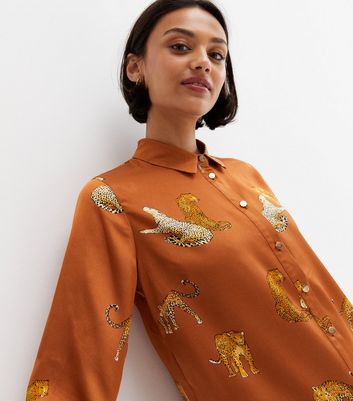 Brown Leopard Print Satin Oversized Shirt