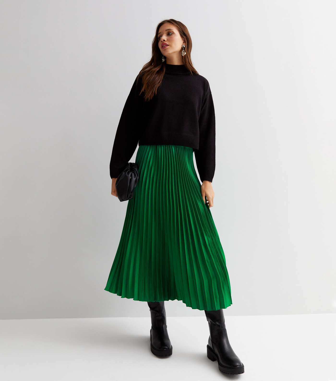 Green Satin Pleated Midi Skirt