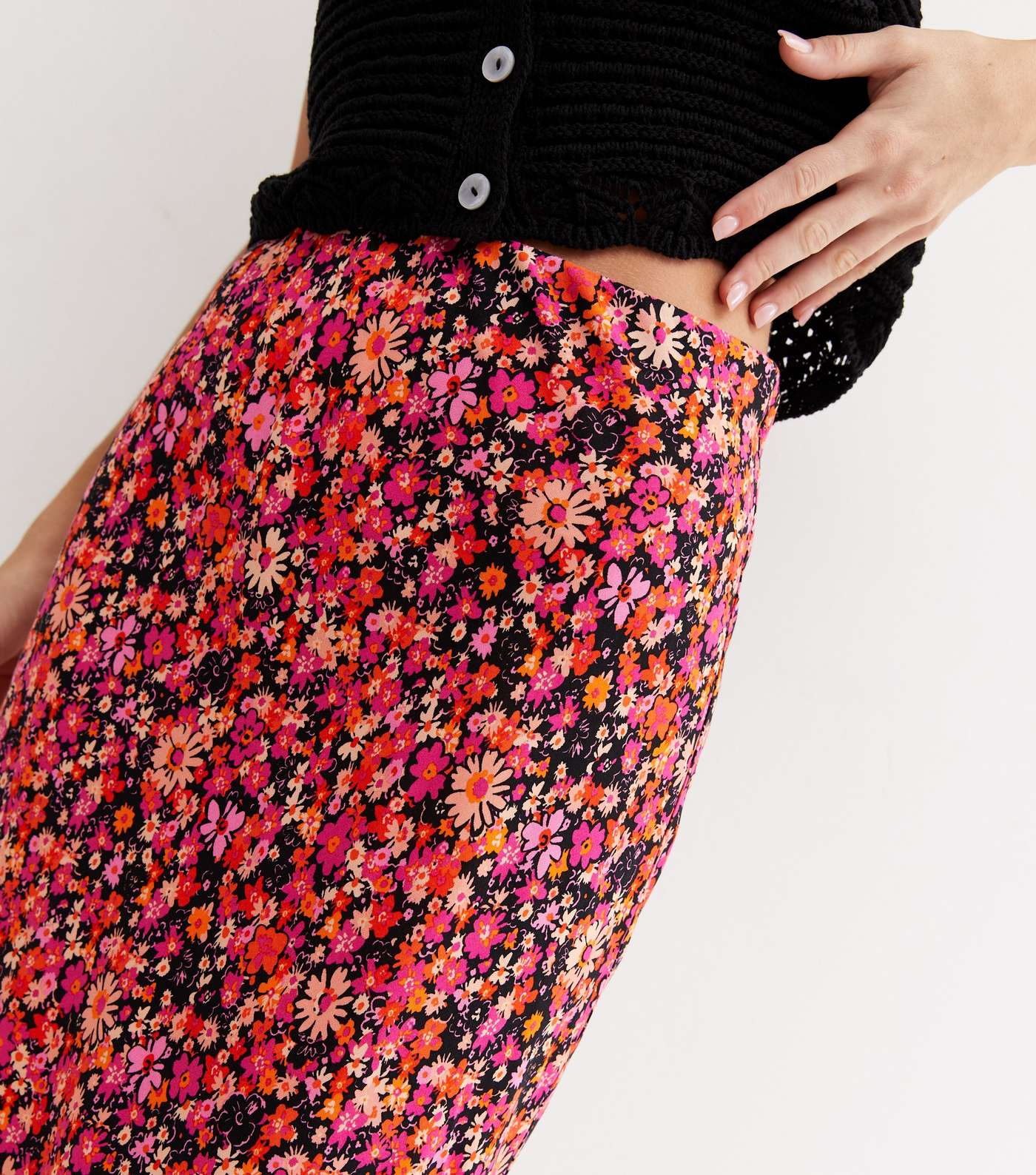Black Floral Bias Cut Midi Skirt Image 3